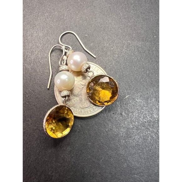 Citrine and pearl sterling silver dangle earrings - Picture 5 of 16